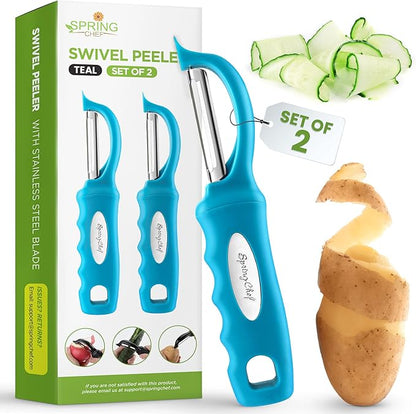 Spring Chef Stainless Steel Swivel Potato Peelers for Kitchen, Dishwasher Safe Veggie Peeler for Kitchen with Soft Grip Handle & Sharp Blades, Great for Vegetable, Apple, Carrot - Set of 2 - Teal