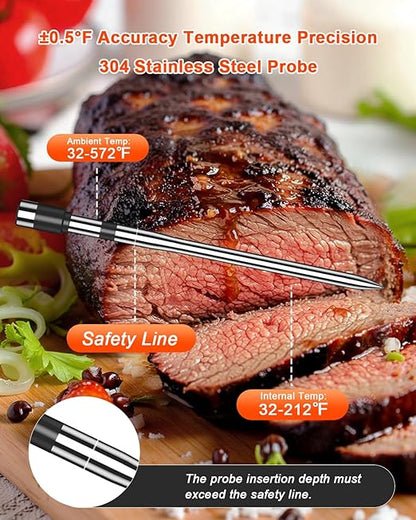 Wireless Meat Thermometer with 2 Probes & 800Ft Range - Smart Bluetooth BBQ Grill Thermometer with Standalone Base, NIST Certified ±0.5°F Accuracy, Backlit Display for Oven, Smoker, Kitchen Cooking