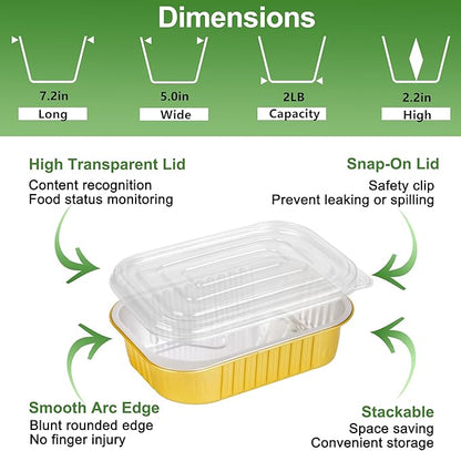 40 Pack 2LB Gold Aluminum Foil Pans with Lids Heavy Duty 7.2"×5"×2.2" Foil Food Containers with Lids, Tin Foil Pans for Baking, Meal Prep, Freezer, Heating and Takeout
