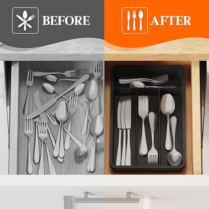 Lifewit Silverware Tray, Cutlery Drawer Organizer Storage for Kitchen, Plastic Flatware Utensil Holder Divider for Spoons Forks Knives Tableware, 4 Compartment, Black
