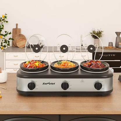Sunvivi Triple Slow Cooker, Buffet Server and Food Warmer, Small Mini Pot with 3 Adjustable Temp & 3 Visible Glass Lids, for Parties, Holidays and Entertaining, Stainless Steel, 3 * 1.5 Quarts