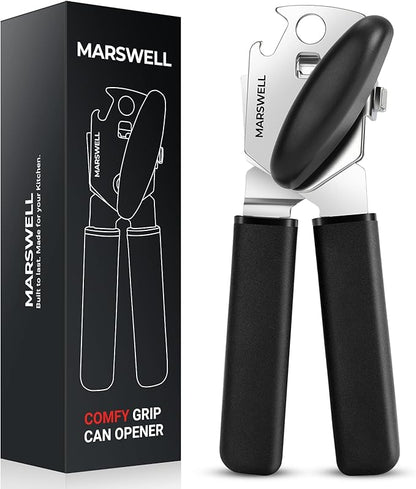 Can Opener Manual, MARSWELL Comfy Grip Can Opener Hand Held with Magnetic Lifter, Smooth Cutting Sharp Blade, Manual CanOpener for Seniors with Easy Turn Knob, Black