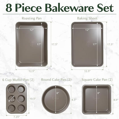 Goodful All-In-One Nonstick Bakeware Set, Stackable and Space Saving Design includes Round and Square Pans, Muffin Pans, Cookie Sheet and Roaster, Dishwasher Safe, 8-Piece, Linen