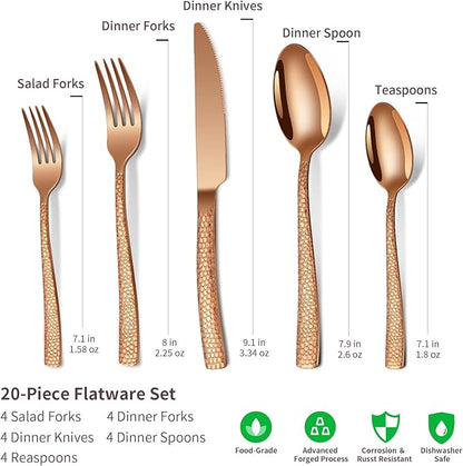 20-Piece Rose Gold Hammered Stainless Steel Flatware Set for 4, Including Fork, Knife, Spoon Set, Home Kitchen Cutlery Sets, Dishwasher Safe