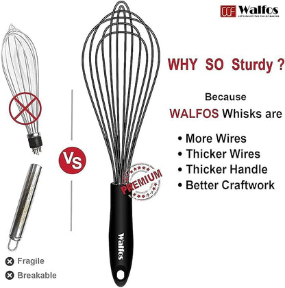 Walfos Whisk Silicone Whisks set, Non Scatch Coated Whisks for Cooking and Baking, Heavy Duty Set of 4 Kitchen Whisk - 11'' Flat Wisk and 7''+10''+12'' Balloon.