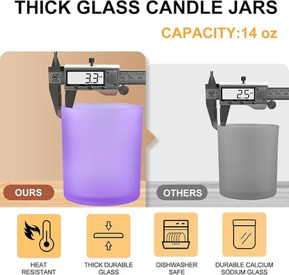 SHOWIN 14 OZ Thick Candle Jars for Making Candles 12 Pcs, 3 Wick Empty Jars with Wood Lids for Candle Making, Sample Container, Frosted Purple