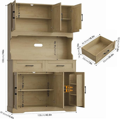 FACBOTALL Tall Kitchen Pantry Cabinet, Farmhouse Food Pantry Cabinet with Doors and Adjustable Shelves, Kitchen Hutch with Countertop and Microwave Stand for Dining Room, Living Room, Oak Color