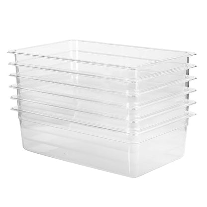 EGGKITP Full Size Clear Food Pans 6 pack 6 Inch Deep Pan Stackable Polycarbonate Food Pan for Restaurant Use BPA free freezer-safe Clear