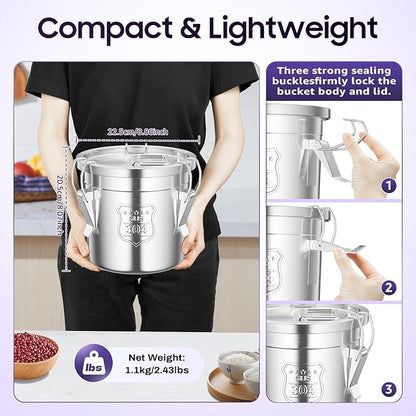 304 Stainless Steel Airtight Canister for Kitchen, 1.59Gal Canisters Container with Lids and Sturdy Locking Clamp,Bucket Food Storage Containers Airtight for Flour Coffee Bean Tea (6L)