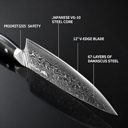 Damascus Knife Set - Haugo 3 PCS Professional Chef Knife Set with Japanese VG10 Steel Core - Ultra Sharp Kitchen Knives and Full Tang G10 Handle - Ronin Series - Gift Box
