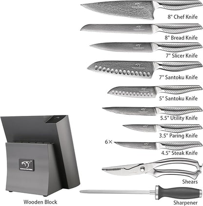 NANFANG BROTHERS® 16 Pieces Damascus Kitchen Knife Set, High Carbon Damascus Steel Chef Knife Set, Stainless Steel Ergonomic Handle for Chef, with Built-in Sharpening Rod