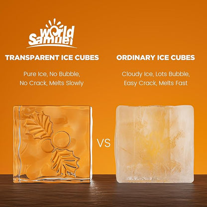 Samuelworld Clear Ice Cube Maker with Winter Design Silicone Inserts: 4 Extra Large 2 inch Clear Square Ice for Whiskey, 2025 Upgraded Crystal Ice Cube Mold - Ice Storage Bag