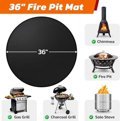 36" Heavy-Duty Fire Pit Mat for Solo Stove Bonfire: Round Fireproof Under Grill Mat Heat Insulated Indoor Fireplace Pad Protector for Decks, Patios, Grass, BBQ Smoker, Reusable Oil-Proof & Waterproof