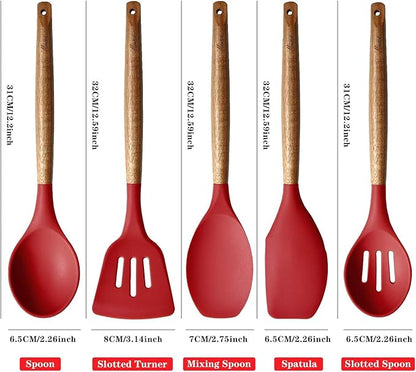 Kitchen Utensils Set, Silicone Cooking Utensils Set,Non-Stick Silicone Spatula Set with Natural Acacia Hard Wood Handle, 5 Piece, Upgraded Thickened Cookware