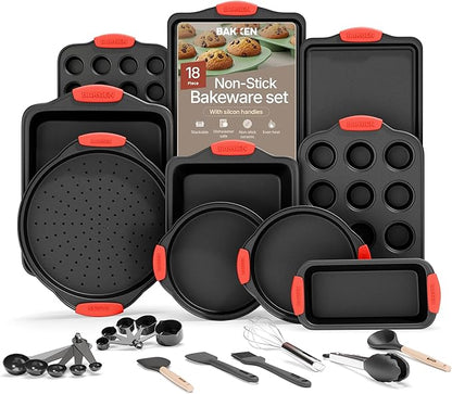BAKKEN Kitchen Baking Pan Set - Nonstick Coating, Carbon Steel Bakeware Sets with Red Silicone Handles, Baking Kitchen Essentials, PFOA, PFOS, PTFE Free, Oven Safe Tray (Up To 450° F), Set of 18