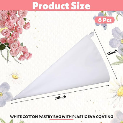 6 Pcs 24 Inch Pastry Bag Cotton with Plastic Coating Reusable Pastry Piping Bags Canvas Cake Decorating Bags Pastry Icing Bag Decorating Bags for Frosting Decorating Cupcakes Cakes Cookies