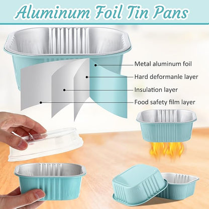 Aoriher 150 Pieces 10 oz Mini Cake Pans with Lids Aluminum Foil Baking Cups Square Disposable 4" x 4" Large Cupcake Cups Baking Tins for Kitchen Brownie Pudding Desserts Holders(Light Blue)