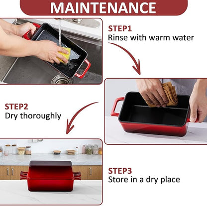 Leonyo 9 x 6 inch Cast Iron Loaf Pan with Lid, 2-in-1 Enameled Sourdough Baking Pan, Homemade Bread Dutch Oven for Pound Cake, Lasagna, Up to 500℉ & Red