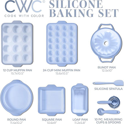 COOK WITH COLOR 17 Pc. Silicone Baking Pan Set - Non-Stick & Easy Clean Silicone Muffin Pans for Baking with Sturdy Metal Frame for Stability, Flexible Cake Molds, Includes Measuring Cups and Spoons