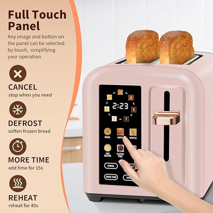 SEEDEEM Toaster 2 Slice, Touch Control Stainless Toaster LCD Display, 50% Faster Heating Speed, 1.4'' Wide Slots, More Timer Functions, Removable Crumb Tray, 1350W, Crystal Pink