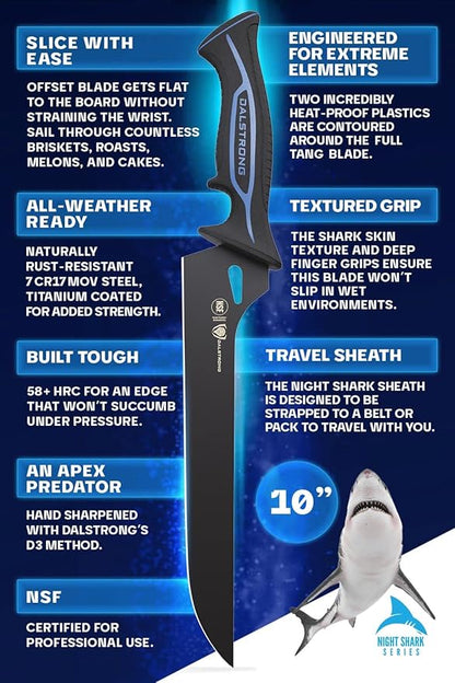 Dalstrong Slicing & Carving Fillet Knife - 10 inch - Night Shark Series-7CR17MOV High Carbon Steel-Titanium Coated-Fillet Knife for Fish & Meat Slicer - Polypropylene Handle - Sheath- NSF Certified