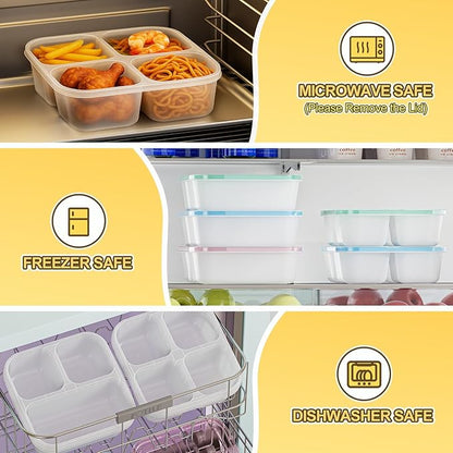 6 Pcs Snack Box Container Set, Reusable 3&4 Compartment Meal Prep Snack Containers for Adults Kids Toddler, BPA-Free Divided Lunchable Container for School, Work and Travel (All Transparent)