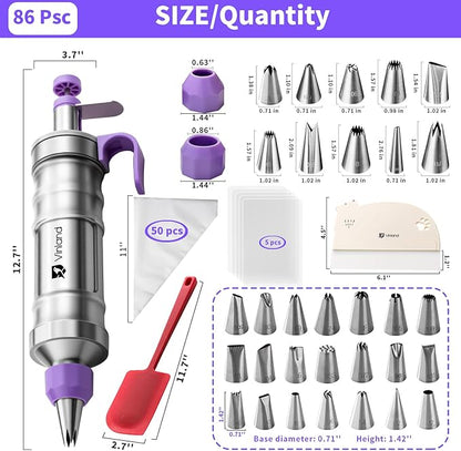 Dessert Decorating Syringe Set icing piping kit Stainless Steel frosting piping kit with 31 professional piping tips 50 disposable piping bags 1 silicone spatula 1 set of soft cake scrapers, Purple