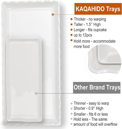 KAQAHIDO 17" x 8" x 1.5" White Serving Tray Set, Wave Edge Melamine Platters for Cookie, Appetizer, Charcuterie, Snack, Dessert, Party Food Display, Stackable, Set of 2