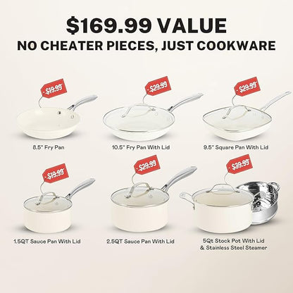 Gotham Steel 12 Pc Ceramic Cookware Set Nonstick, Ceramic Pots and Pans Set Non Stick with Steamer for Cooking, Non Toxic PFOA PFOS Free, Premium Stay Cool Handles, Oven & Dishwasher Safe
