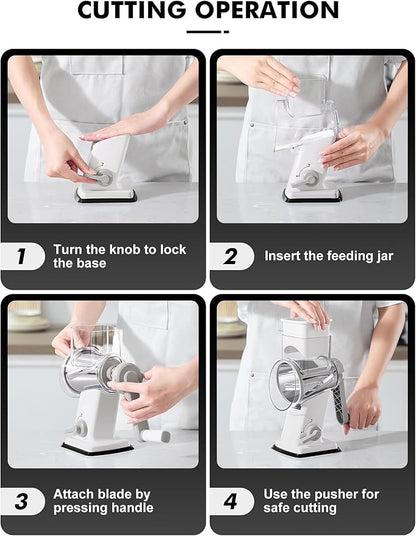 GDL Rotary Cheese Grater Hand Crank - Upgraded Cheese Shredder with 4 Interchangeable Blades, Rotary Grater with Non-slip Suction Base, Easy to Clean Kitchen Grater Slicer Grinder for Vegetable Nuts