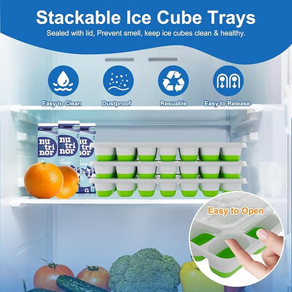 Ice Cube Tray, Ice Cube Trays for Freezer 3 Pack with Lids, Ice Tray Easy-Release, Ice Trays for Freezer Stackable, Silicone Ice Cube Tray for Drinks, Coffee - BPA-Free and Odor-Free