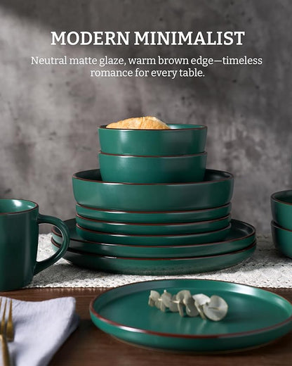 Famiware Mercury Plates and Bowls Sets, 12 Pieces Stoneware Dinnerware Sets, Dishes Set for 4, Microwave and Dishwasher Safe, Dark Green