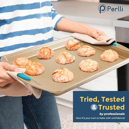 Perlli Baking Kit: Nonstick Gold Steel Oven Set - 10 Pieces, Cookie Sheets, Cake Pans, 9x13Pan with Lid, Loaf & Deep Pans, Pizza Crisper, Muffin Pan - Silicone Handles
