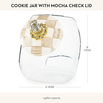 MACKENZIE-CHILDS Cookie Jar with Enamel Lid, Large Glass Treat Jar or Kitchen Jar, 1-Gallon Capacity, Brown-and-White Mocha Check