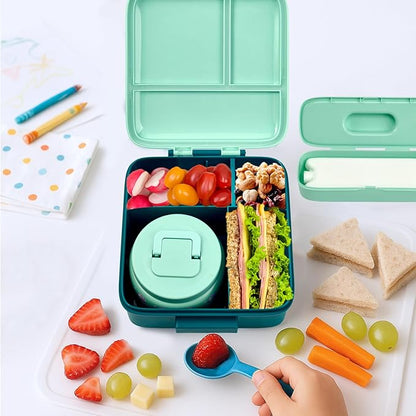 Bento Lunch Box for Kids with 8oz Soup Thermo,Leak-Proof Lunch Containers with 5 Compartment,Thermo Food Jar Food Containers for School (Blue-Unicorn)