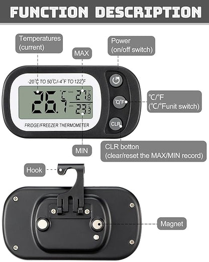 Frienda 8 Pack Black Digital Fridge Thermometer Waterproof Refrigerator and Freezer Room Max/min Record Function LCD Screen Refrigerator Thermometer with Hook and Magnetic Back for Home