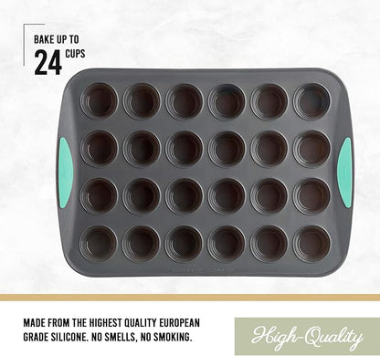 Trudeau 24-Cup Silicone Muffin Pan – Hybrid Non-Stick Bakeware with Steel Frame, Flexible Silicone with Hard Lining to Hold Shape, BPA-Free, Dishwasher Safe, Heat Safe to 428°F, Grey/Mint