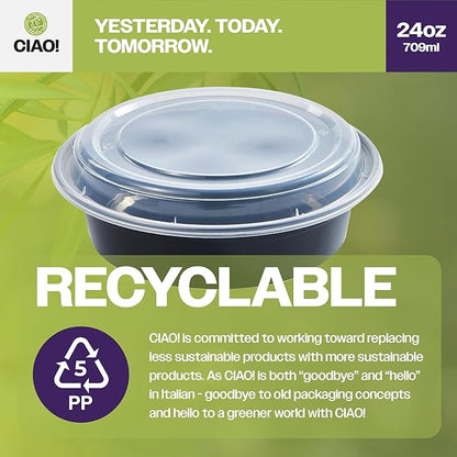 CIAO! 24oz Heavy Weight Injection Molded Microwavable Black Round Food Container with Lid (150/case)