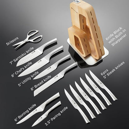 KINGSTONE Kitchen Knife Set with Block, 14 Pcs German Stainless Steel Knife Set with Built-in Sharpener, Dishwasher Safe Knife Block Set(natural, 14pcs)