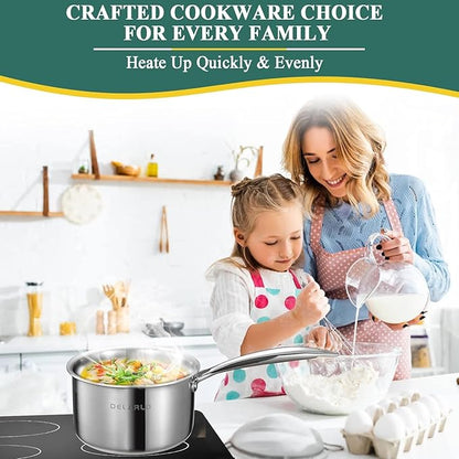 DELARLO Tri-Ply Stainless Steel 1 Quart Saucepan with Lid, Compatible With All Stove 600℉, Small Pots for Cooking, Fast Even Heats, Stainless Pot 1QT, Durable Sauce Pot, Saucepan with Lid