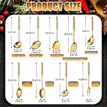 9 Pcs 304 Stainless Steel Utensils Set with Wood Handle Metal Cooking Tool Spatula, Solid Spoon, Slotted Spoon, Fork, Ladle, Skimmer, Slotted Spatula Spaghetti(Gold,Stainless Steel)