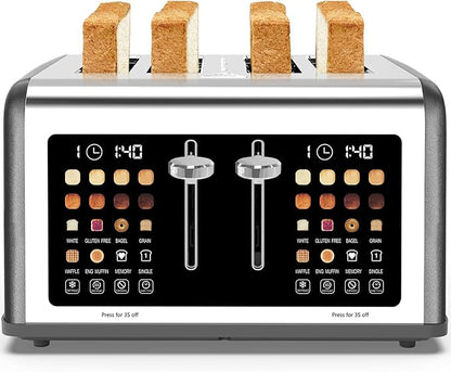 4 Slice Toaster Touch Screen, Stainless Steel Toasters Digital Timer, Dual Control Panel Toasters, 8 Shade Settings 6 Bread Types for Bagel, Cancel, Defrost 1650W Grey