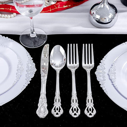 40PSC Silver Plastic Cutlery - Vintage Silver Disposable Silverware - Heavyweight Plastic Utensils with 20 Forks, 10Knives, 10 Spoons For Catering, Parties, Dinners and Weddings