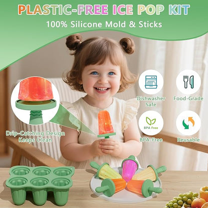 Silicone Popsicle Molds for Toddlers, 6-Cavity x 2oz Food-Grade Ice Pop Mold, Reusable DIY Fresh Fruitsicle Frozen Treats Maker (GREEN)
