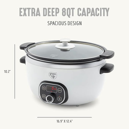 GreenLife 8QT Slow Cooker, Non-Toxic PFAS-Free Ceramic Nonstick Removable Interior Bowl, Programmable, Family Friendly, Keep Warm, Stovetop & Oven Safe, Dishwasher Safe Parts, Timer, Glass Lid, White