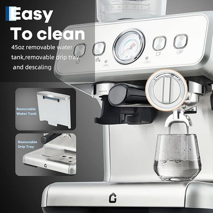 Garvee 20 Bar Pressure Stainless Steel Espresso Machine with Grinder, 2.8L Removable Water Tank, Milk Frother Steam Wand for Latte/Cappuccino - Adjustable Shot Volume, Professional Home/Office Use