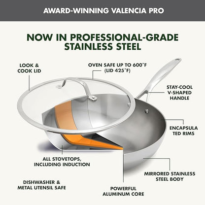 GreenPan Valencia Tri-Ply Stainless Steel 12" Wok Pan with Lid, Induction Ready Skillet, Mirror Finish, Dishwasher Safe & Oven/Broiler Safe to 600F, Compatible with All Cooktops, Silver