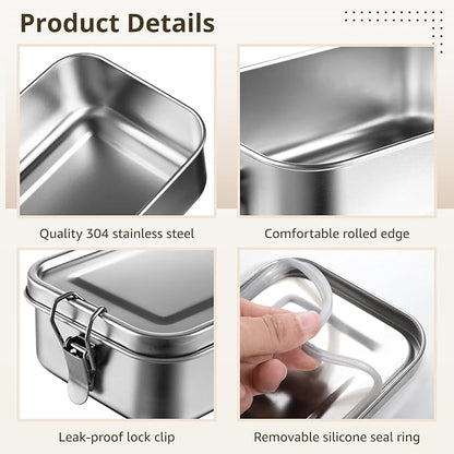4 PCS Bento Boxes, 850 ML Stainless Steel Lunch Boxes, Food Storage Containers, Portable Metal Lunch Containers, Lockable Clips to Leak Proof, Reusable Dishwasher Safe Lunch Snack Boxes