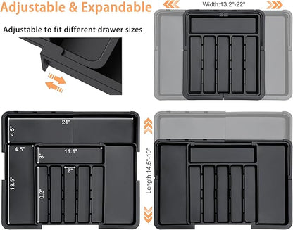 Silverware Organizer Expandable Kitchen Utensil Drawer Organizer Large BPA Free Adjustable Cutlery Silverware Tray for Spoons Forks Knives Storage Divider for Kitchen Flatware 6-9 Slots Black