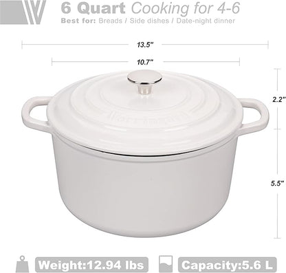 Enameled Cast Iron Dutch Oven Pot with Lid, for Sourdough Bread Baking, Round Dutch Ovens, 6 Quart, White